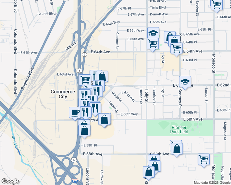 map of restaurants, bars, coffee shops, grocery stores, and more near 6106 Grape Drive in Commerce City