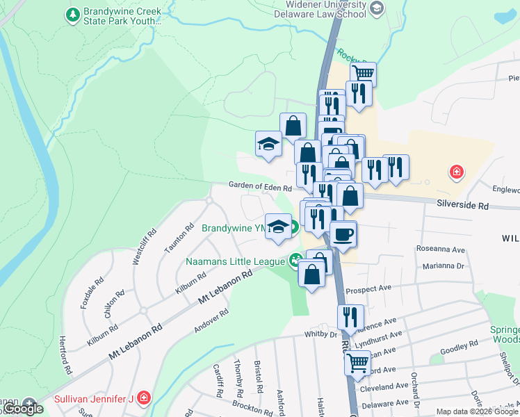 map of restaurants, bars, coffee shops, grocery stores, and more near 100 Garden of Eden Road in Wilmington
