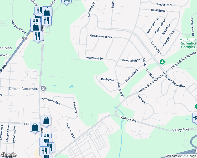 map of restaurants, bars, coffee shops, grocery stores, and more near 3800 Corkwood Drive in Dayton
