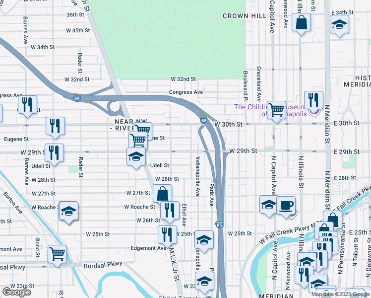 map of restaurants, bars, coffee shops, grocery stores, and more near 526 West 29th Street in Indianapolis