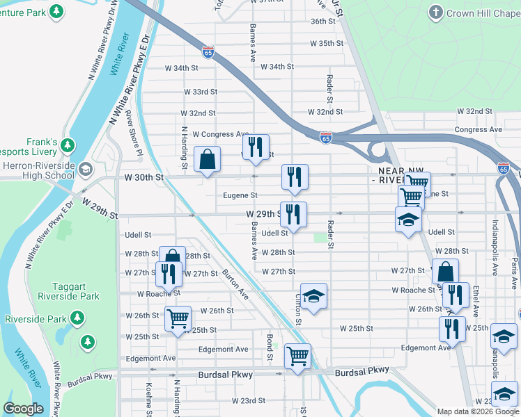 map of restaurants, bars, coffee shops, grocery stores, and more near 1170 West 29th Street in Indianapolis