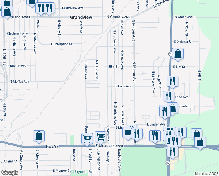 map of restaurants, bars, coffee shops, grocery stores, and more near 632 North Wesley Street in Springfield