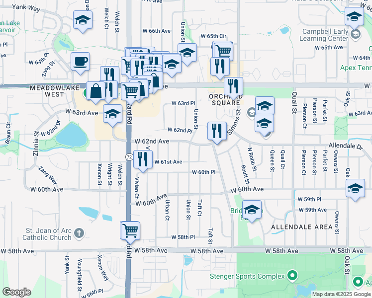 map of restaurants, bars, coffee shops, grocery stores, and more near 6166 Urban Street in Arvada