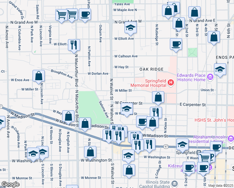 map of restaurants, bars, coffee shops, grocery stores, and more near 546 West Miller Street in Springfield