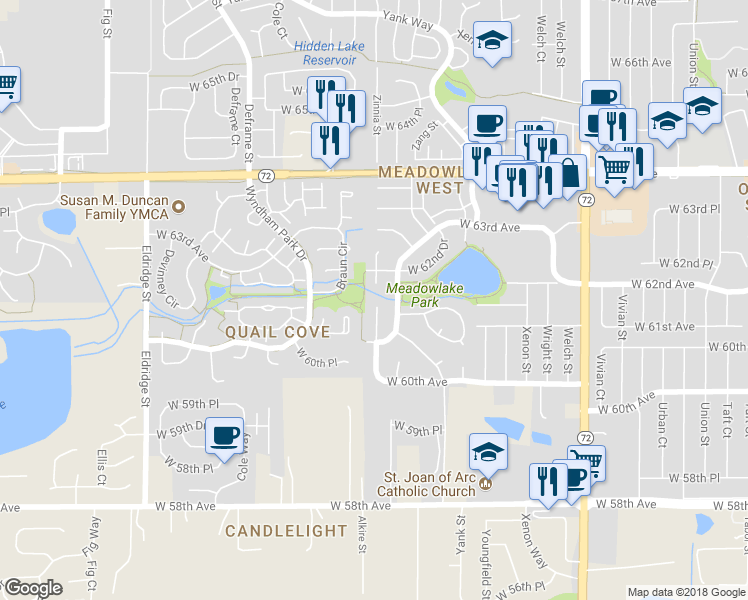 map of restaurants, bars, coffee shops, grocery stores, and more near 6153 Alkire Court in Arvada
