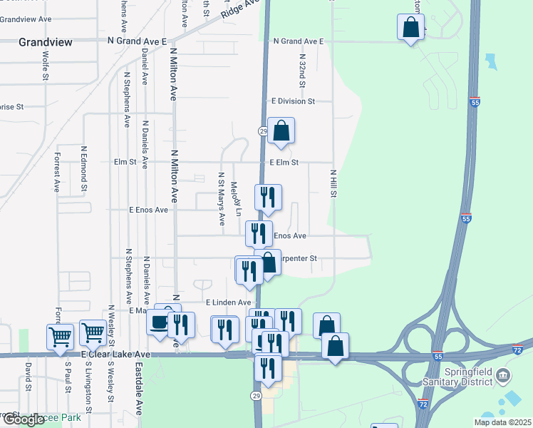 map of restaurants, bars, coffee shops, grocery stores, and more near 724 North Dirksen Parkway in Springfield