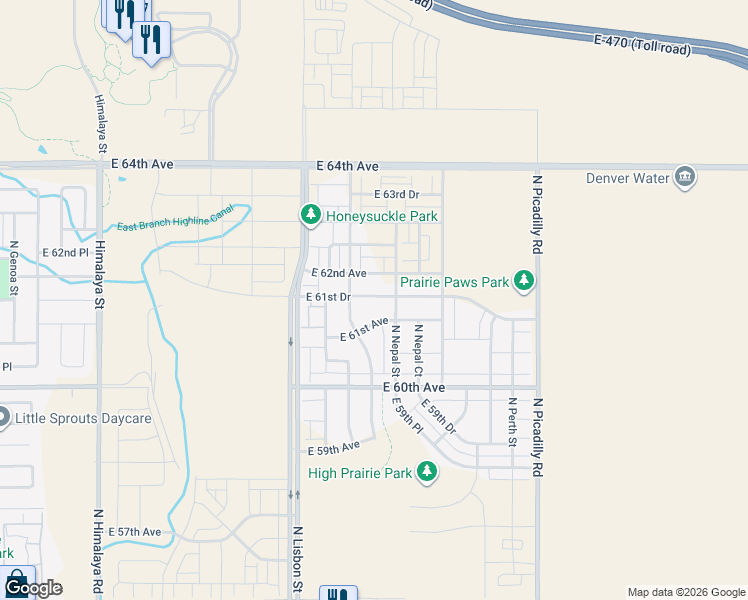 map of restaurants, bars, coffee shops, grocery stores, and more near 6190 North Malaya Street in Aurora