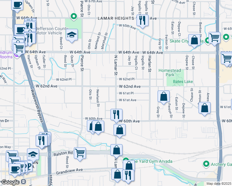 map of restaurants, bars, coffee shops, grocery stores, and more near 6135 North Lamar Street in Arvada