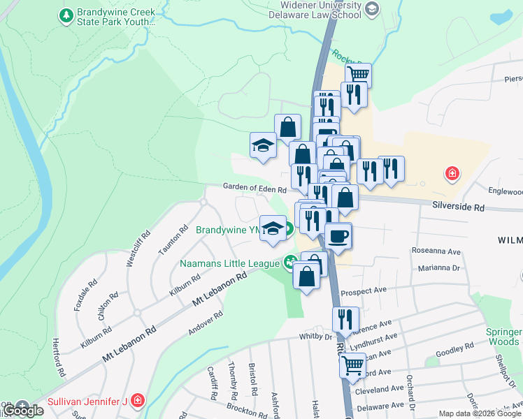 map of restaurants, bars, coffee shops, grocery stores, and more near 100 Garden of Eden Road in Wilmington