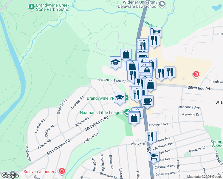 map of restaurants, bars, coffee shops, grocery stores, and more near 100 Garden of Eden Road in Wilmington