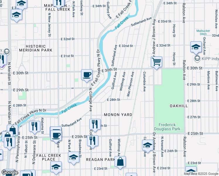 map of restaurants, bars, coffee shops, grocery stores, and more near 2891 Sutherland Avenue in Indianapolis