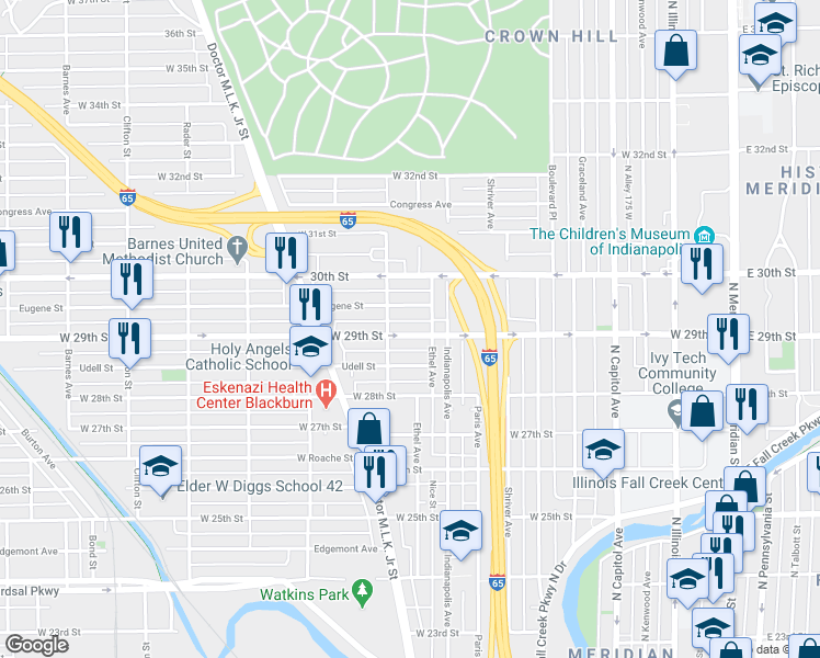 map of restaurants, bars, coffee shops, grocery stores, and more near 526 West 29th Street in Indianapolis
