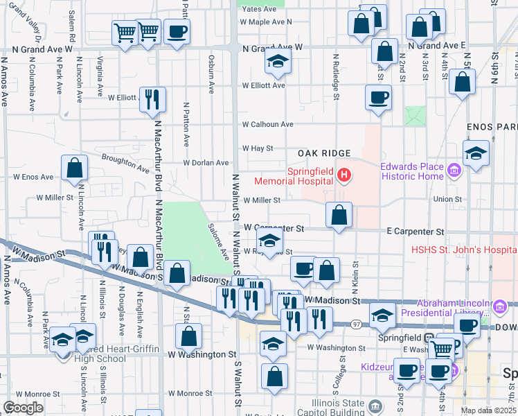 map of restaurants, bars, coffee shops, grocery stores, and more near 546 West Miller Street in Springfield