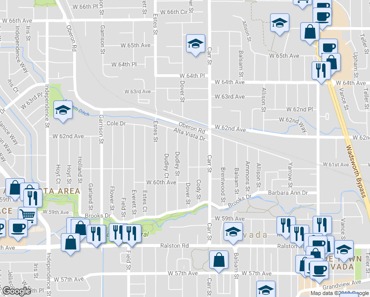 map of restaurants, bars, coffee shops, grocery stores, and more near 6165 Dover Street in Arvada