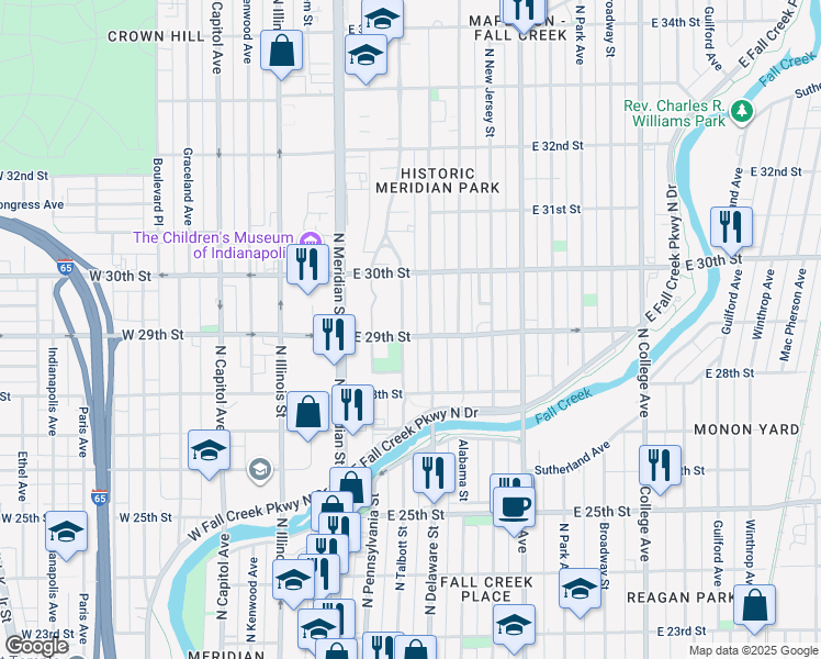 map of restaurants, bars, coffee shops, grocery stores, and more near 2905 North Talbott Street in Indianapolis
