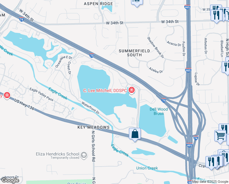 map of restaurants, bars, coffee shops, grocery stores, and more near 7121 Islander Drive in Indianapolis