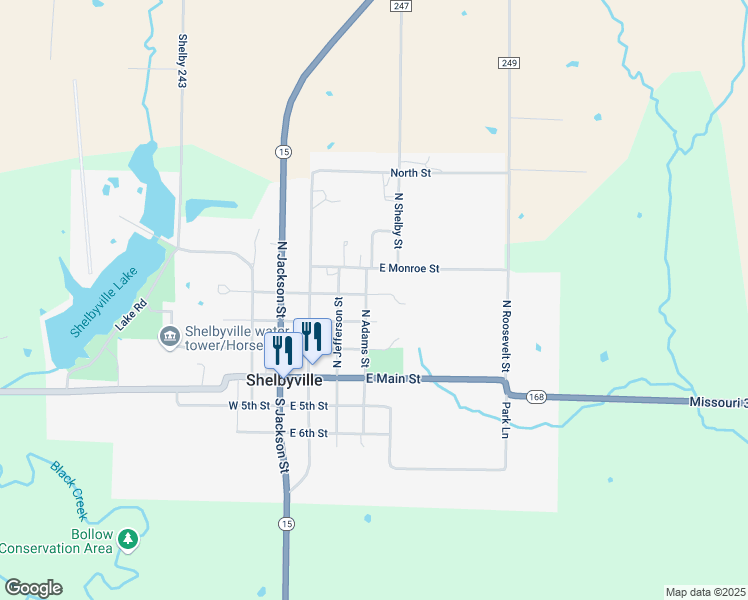 map of restaurants, bars, coffee shops, grocery stores, and more near 401-507 East 1st Street in Shelbyville