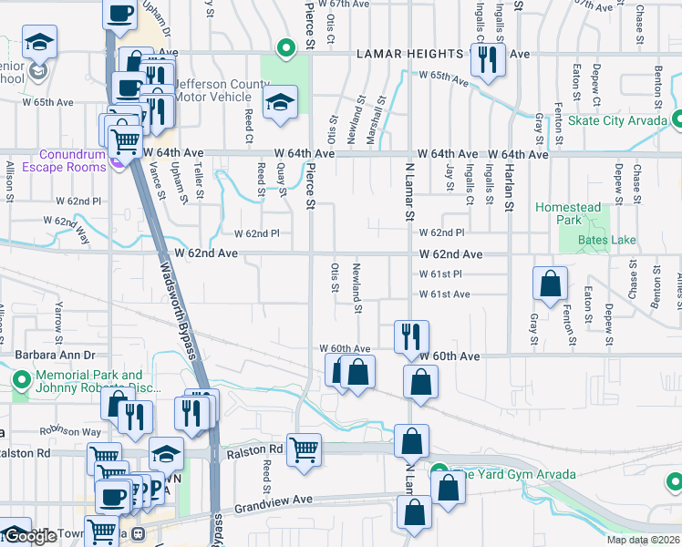 map of restaurants, bars, coffee shops, grocery stores, and more near 6164 Otis Street in Arvada