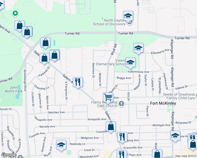 map of restaurants, bars, coffee shops, grocery stores, and more near 4216 Molane Street in Dayton