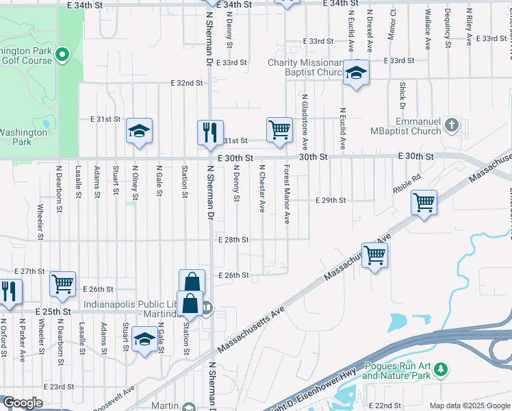 map of restaurants, bars, coffee shops, grocery stores, and more near 2862 North Chester Avenue in Indianapolis