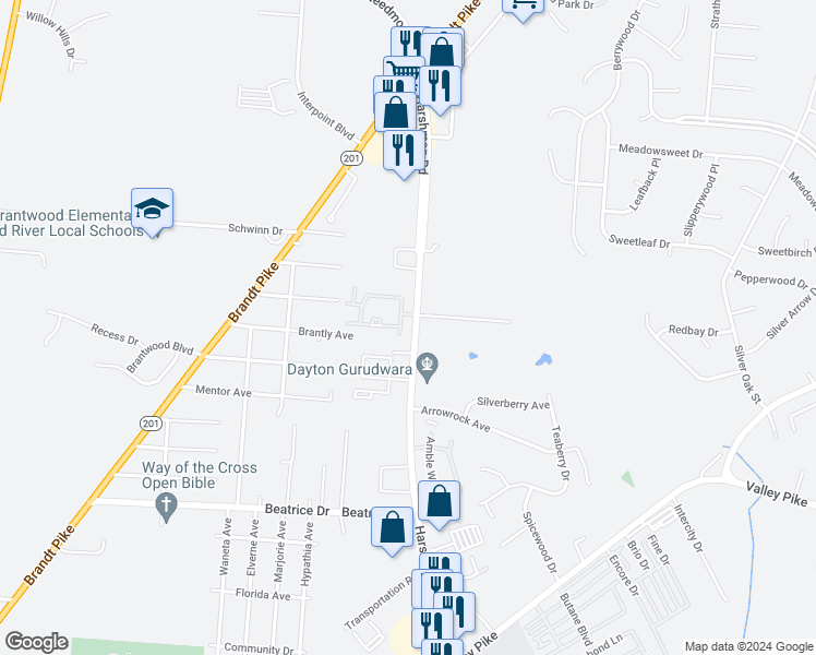 map of restaurants, bars, coffee shops, grocery stores, and more near 2557 Harshman Road in Dayton