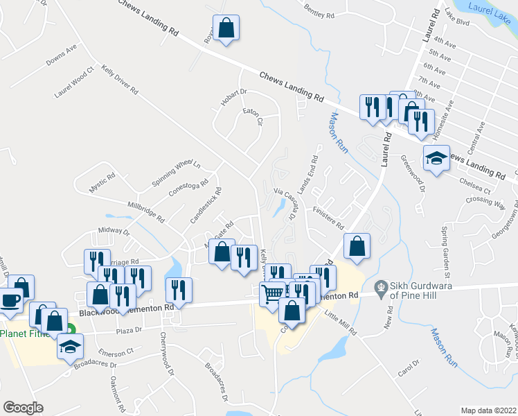 map of restaurants, bars, coffee shops, grocery stores, and more near 427 Via Cascata Drive in Clementon