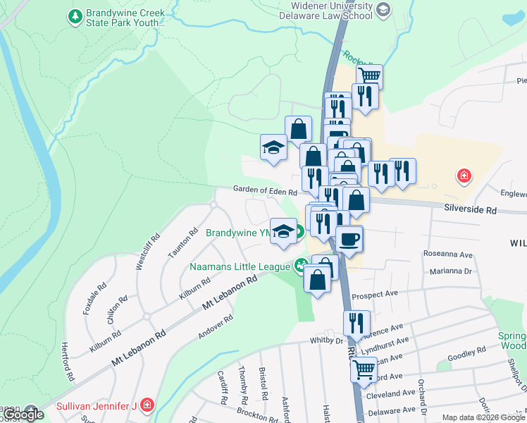 map of restaurants, bars, coffee shops, grocery stores, and more near 100 Garden of Eden Road in Wilmington