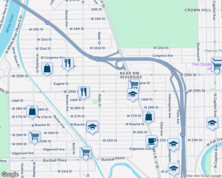 map of restaurants, bars, coffee shops, grocery stores, and more near 922 West 29th Street in Indianapolis