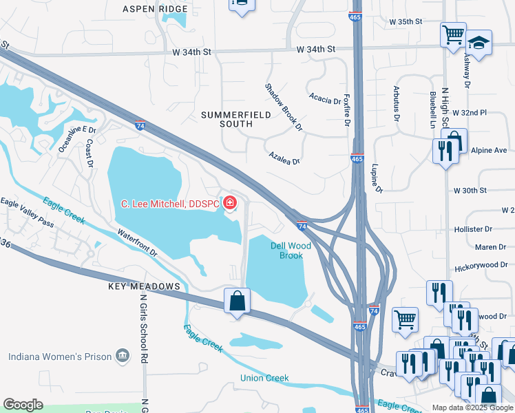 map of restaurants, bars, coffee shops, grocery stores, and more near 2960 Rolling Dunes Drive in Indianapolis
