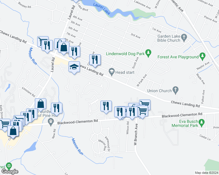 map of restaurants, bars, coffee shops, grocery stores, and more near 52 Georgetown Road in Lindenwold