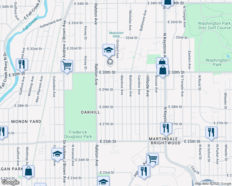 map of restaurants, bars, coffee shops, grocery stores, and more near 2845 Sangster Avenue in Indianapolis