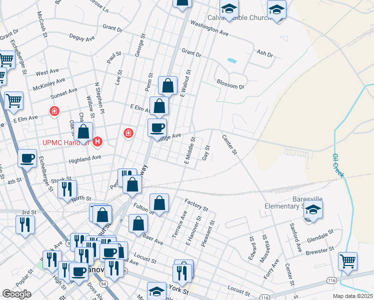 map of restaurants, bars, coffee shops, grocery stores, and more near 624 East Middle Street in Hanover