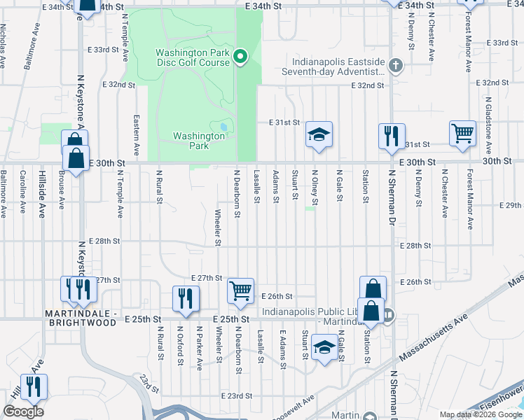 map of restaurants, bars, coffee shops, grocery stores, and more near 2867 North Lasalle Street in Indianapolis