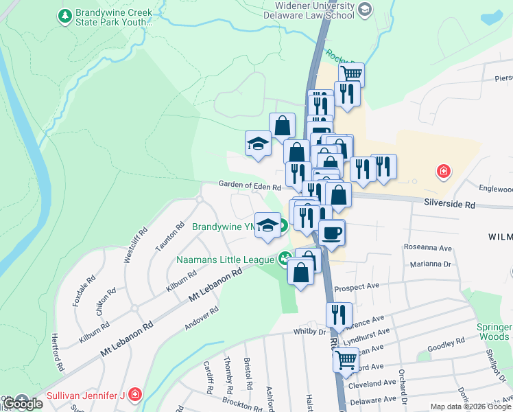 map of restaurants, bars, coffee shops, grocery stores, and more near 100 Garden of Eden Road in Wilmington