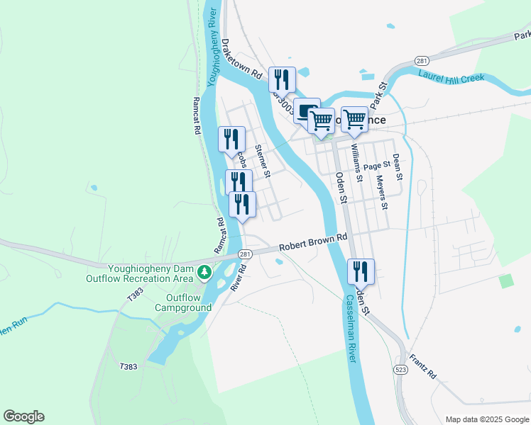 map of restaurants, bars, coffee shops, grocery stores, and more near Jacobs Street in Confluence