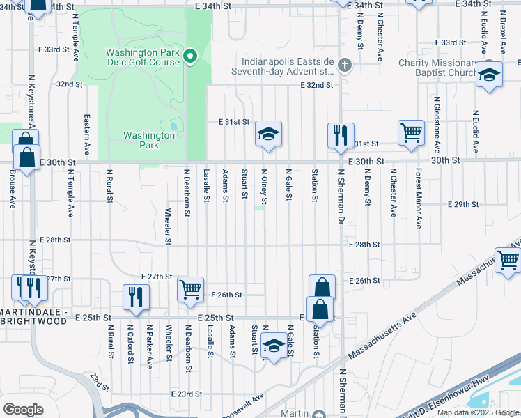 map of restaurants, bars, coffee shops, grocery stores, and more near 2866 North Olney Street in Indianapolis