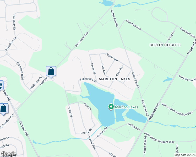 map of restaurants, bars, coffee shops, grocery stores, and more near 202 Crest Road in Evesham