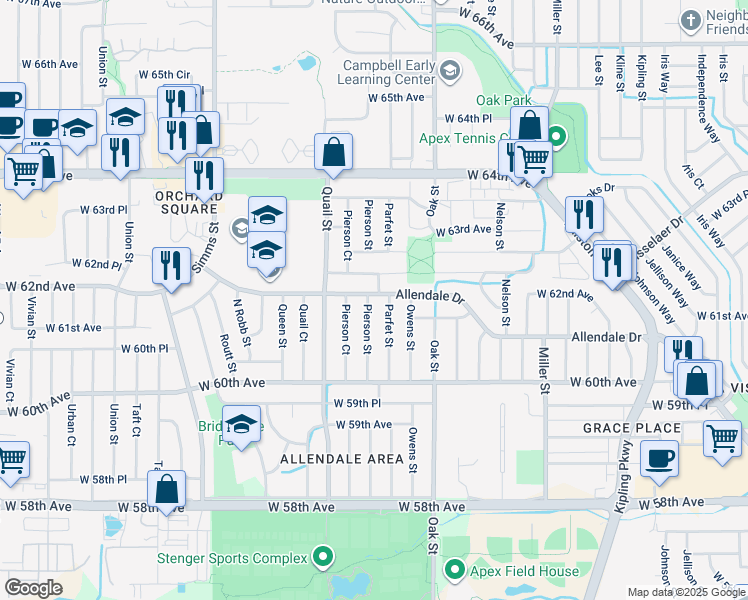 map of restaurants, bars, coffee shops, grocery stores, and more near 11054 Allendale Drive in Arvada