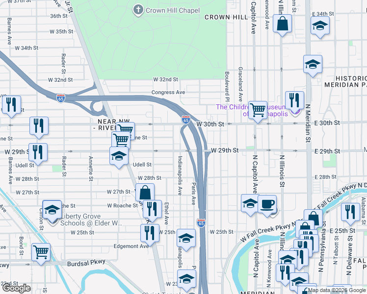 map of restaurants, bars, coffee shops, grocery stores, and more near 450 West 29th Street in Indianapolis