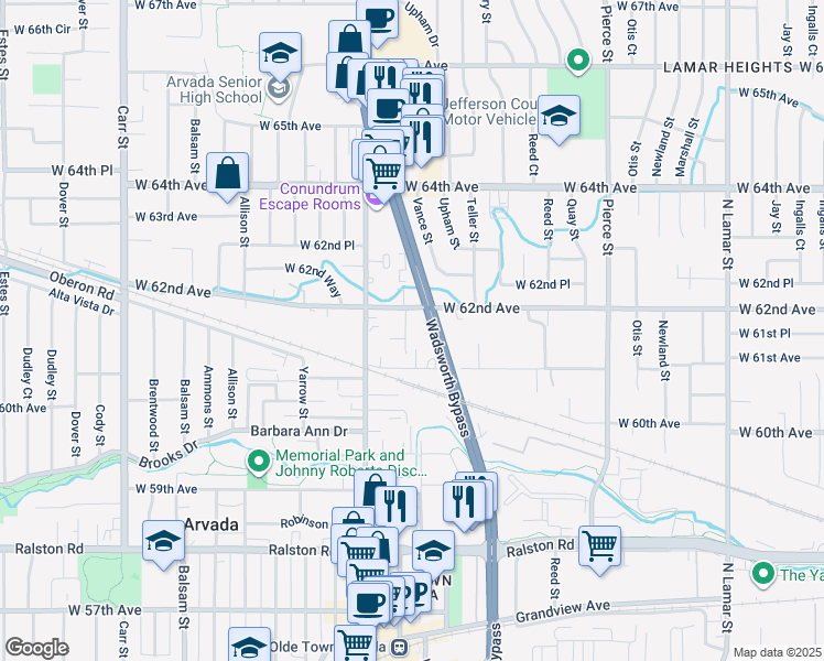 map of restaurants, bars, coffee shops, grocery stores, and more near 6190 Webster Street in Arvada