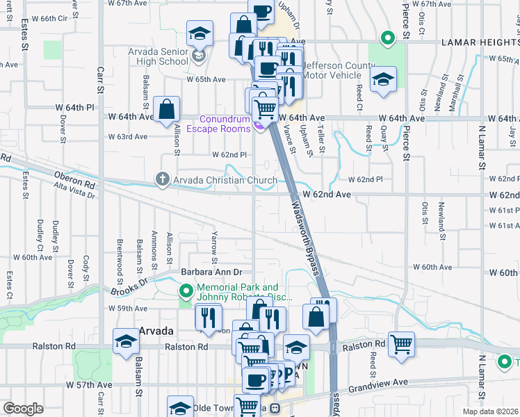 map of restaurants, bars, coffee shops, grocery stores, and more near 6150 Wadsworth Boulevard in Arvada