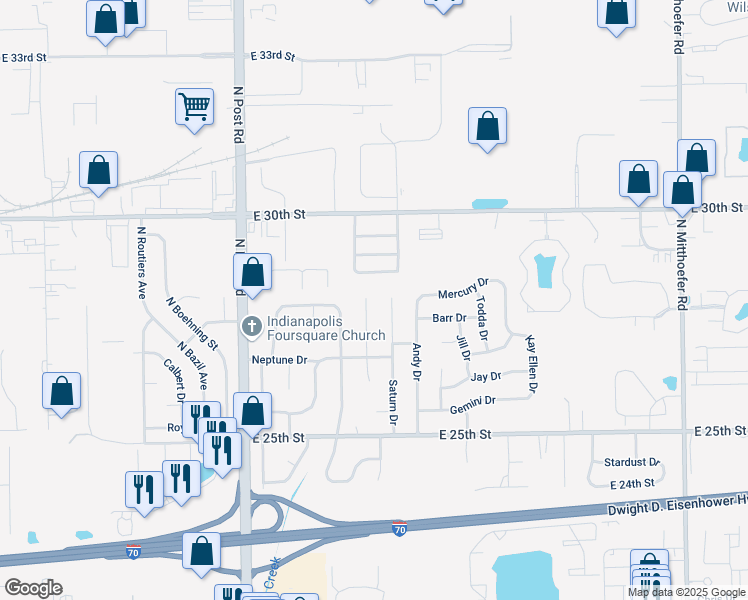 map of restaurants, bars, coffee shops, grocery stores, and more near 2807 Astro Drive in Indianapolis