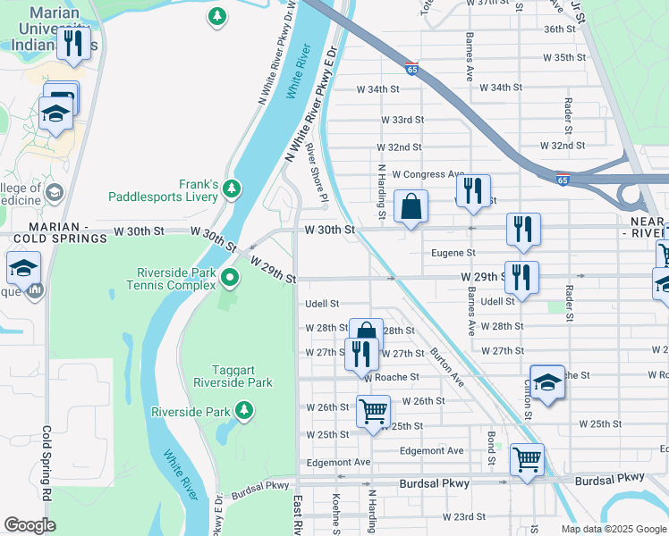 map of restaurants, bars, coffee shops, grocery stores, and more near 1426 West 29th Street in Indianapolis