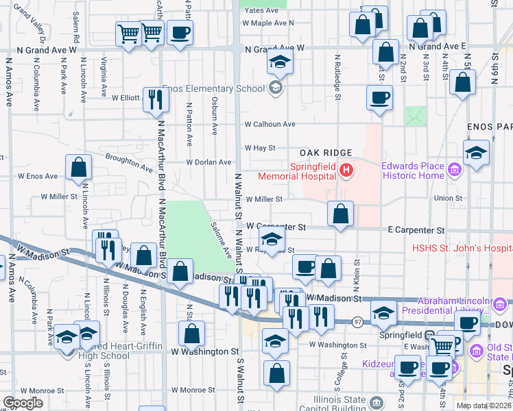 map of restaurants, bars, coffee shops, grocery stores, and more near 542 West Miller Street in Springfield