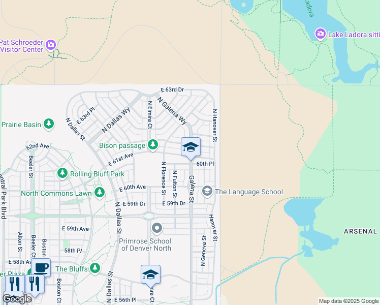 map of restaurants, bars, coffee shops, grocery stores, and more near 5686 North Galena Street in Denver