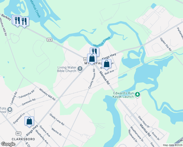 map of restaurants, bars, coffee shops, grocery stores, and more near 158 County House Road in Mount Royal
