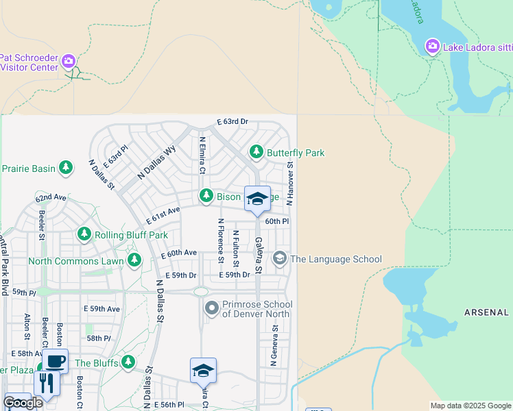 map of restaurants, bars, coffee shops, grocery stores, and more near 5678 North Galena Street in Denver