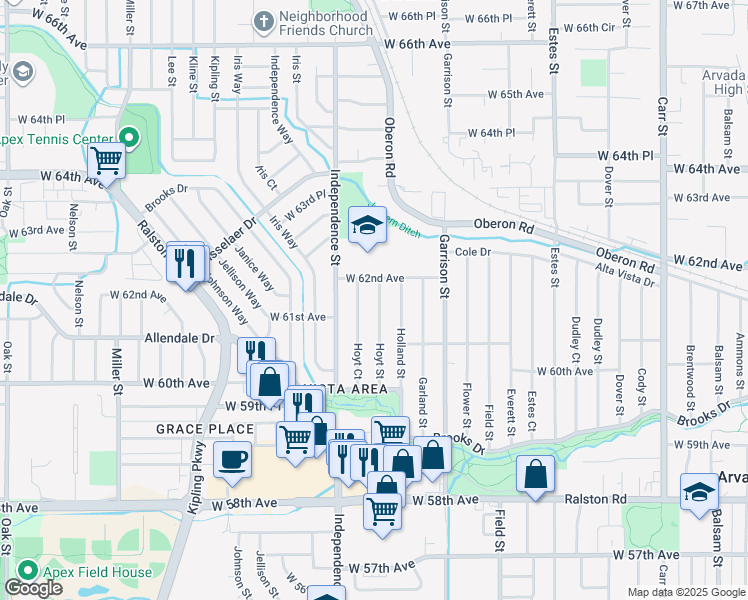 map of restaurants, bars, coffee shops, grocery stores, and more near 6171 Hoyt Street in Arvada