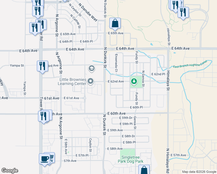 map of restaurants, bars, coffee shops, grocery stores, and more near 6152 Dunkirk Court in Aurora