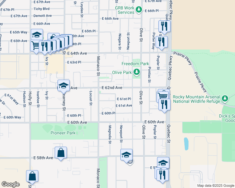map of restaurants, bars, coffee shops, grocery stores, and more near 6831 East 61st Place in Commerce City